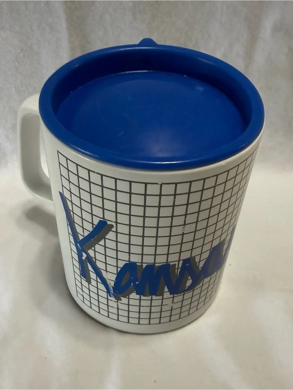 White Plastic Travel Mug with Blue Lid and Blue Kansas City Graphic